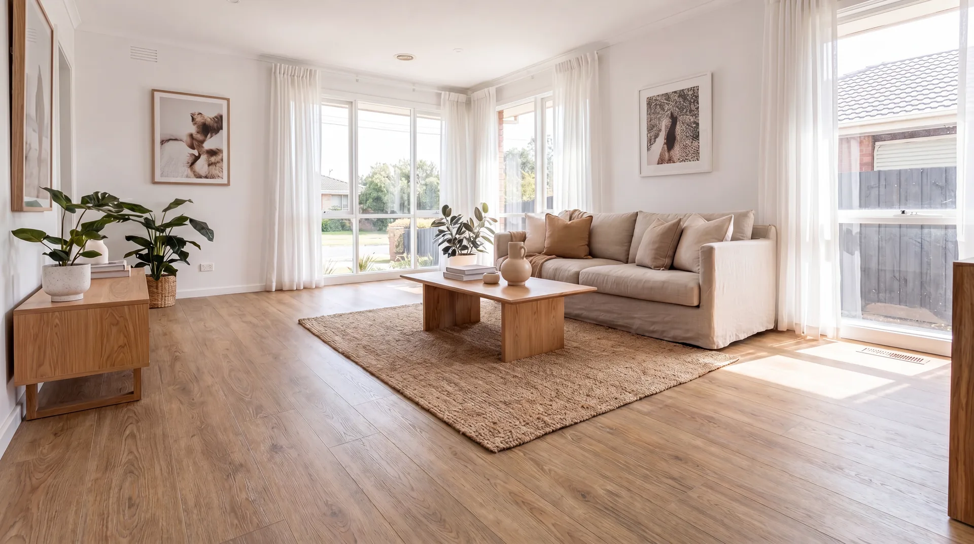 The same room after, with premium Floory hybrid oak flooring installed