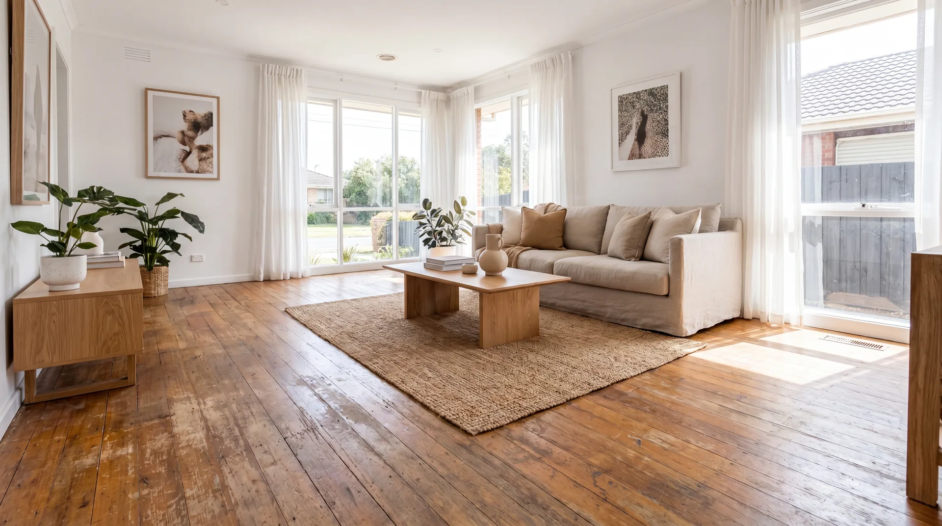 The same room before, with worn, dated timber floorboards