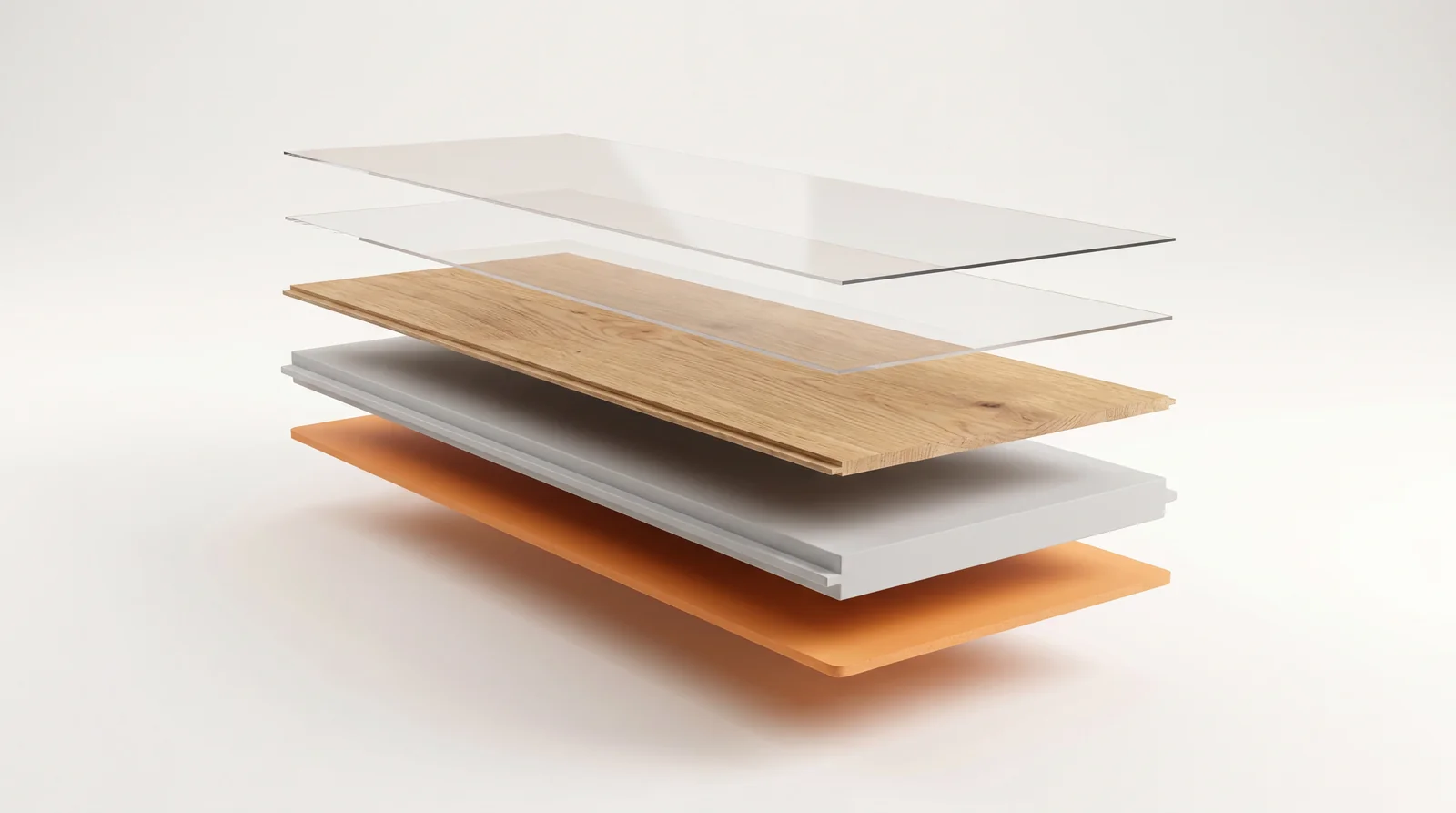 The same plank separated into its five engineered layers, including the orange Hexaflex underlay